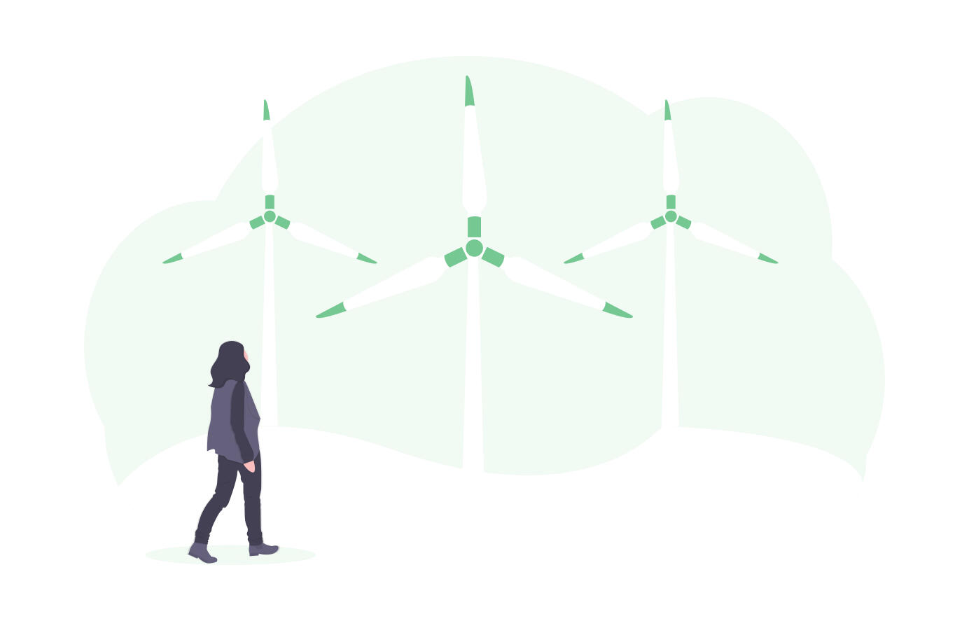 Lady walking and looking at wind turbines